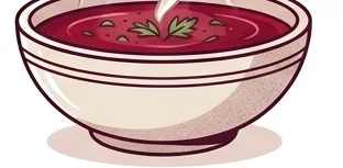 Ilustracja: miska czerwonego barszczu z ziołami. Grafika wygenerowana przez AI.