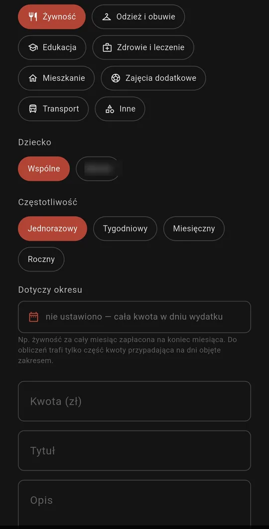 Ekran aplikacji Skrytka: Nowy wydatek