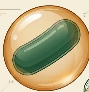 Ilustracja: zielona pałeczka bakterii w bursztynowej, śluzowej otoczce. Grafika wygenerowana przez AI.