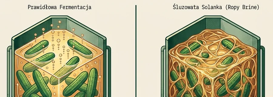 Ilustracja: dwa zbiorniki z ogórkami. Po lewej prawidłowa fermentacja z bąbelkami, po prawej solanka z gęstą siatką śluzu. Grafika wygenerowana przez AI.
