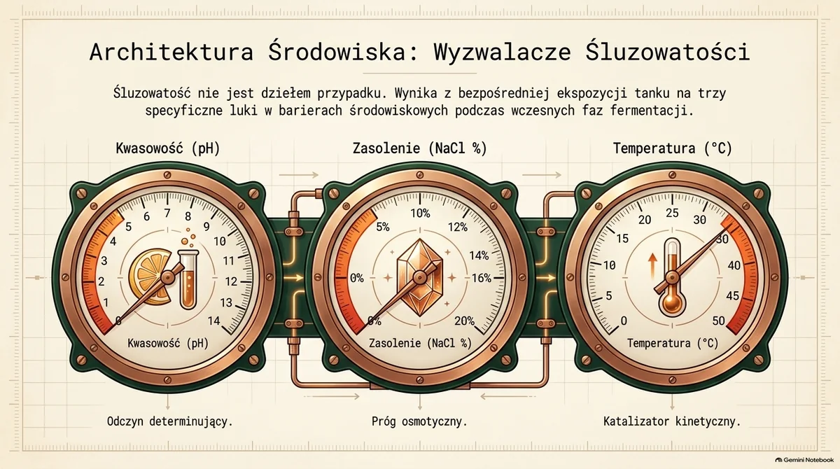 Slajd: Architektura środowiska, wyzwalacze śluzowatości. Trzy zegary pomiarowe: kwasowość (pH), zasolenie (NaCl w procentach) i temperatura w stopniach Celsjusza. Opis: śluzowatość nie jest dziełem przypadku, wynika z ekspozycji zbiornika na trzy luki w barierach środowiskowych podczas wczesnych faz fermentacji. Grafika wygenerowana przez AI.