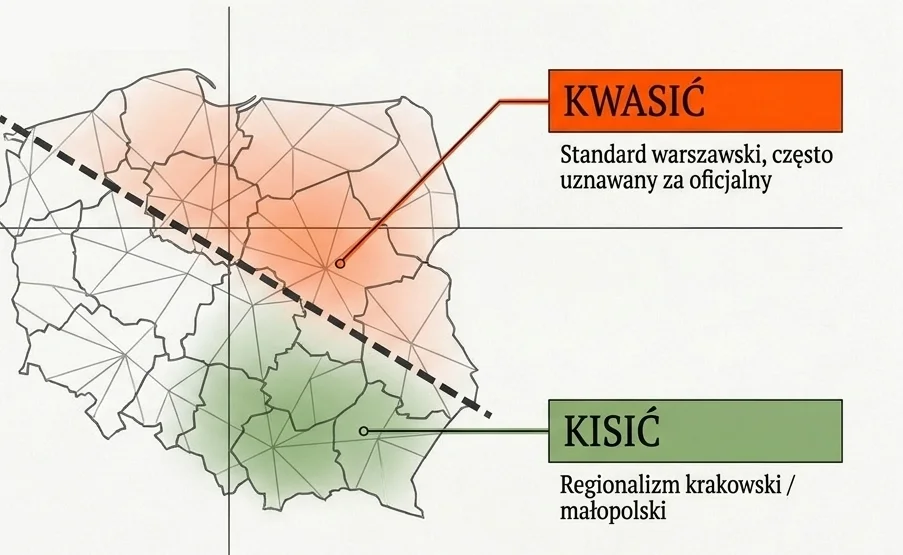 Schemat: mapa Polski z przerywaną linią biegnącą od północnego zachodu na południowy wschód. Okolice Warszawy podświetlone na pomarańczowo z podpisem „kwasić, standard warszawski”, południe i Małopolska na zielono z podpisem „kisić, regionalizm krakowski”. Schemat poglądowy, bez dokładnych granic. Grafika wygenerowana przez AI.