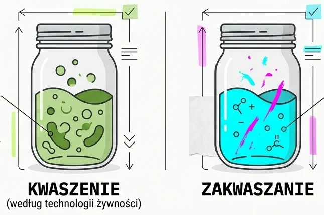 Ilustracja: dwa słoiki. Po lewej słoik z zielonym płynem, bąbelkami i bakteriami, podpisany „kwaszenie (według technologii żywności)”. Po prawej słoik z niebieskim płynem i cząsteczkami, podpisany „zakwaszanie”. Grafika wygenerowana przez AI.
