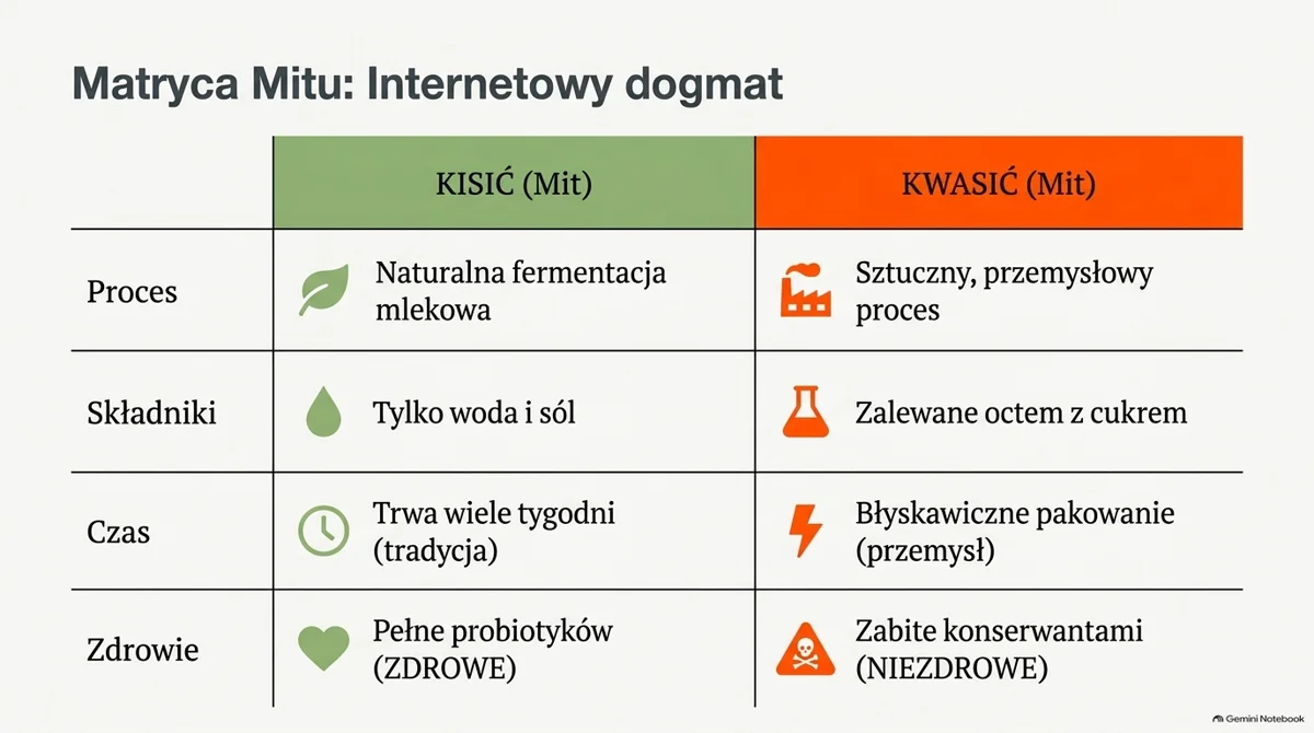 Slajd: Matryca mitu, internetowy dogmat. Tabela porównuje „kisić” (według mitu: naturalna fermentacja mlekowa, tylko woda i sól, trwa wiele tygodni, pełne probiotyków) z „kwasić” (według mitu: sztuczny przemysłowy proces, zalewanie octem z cukrem, błyskawiczne pakowanie, zabite konserwantami). To opis twierdzeń z internetu, a nie ustaleń badania. Grafika wygenerowana przez AI.