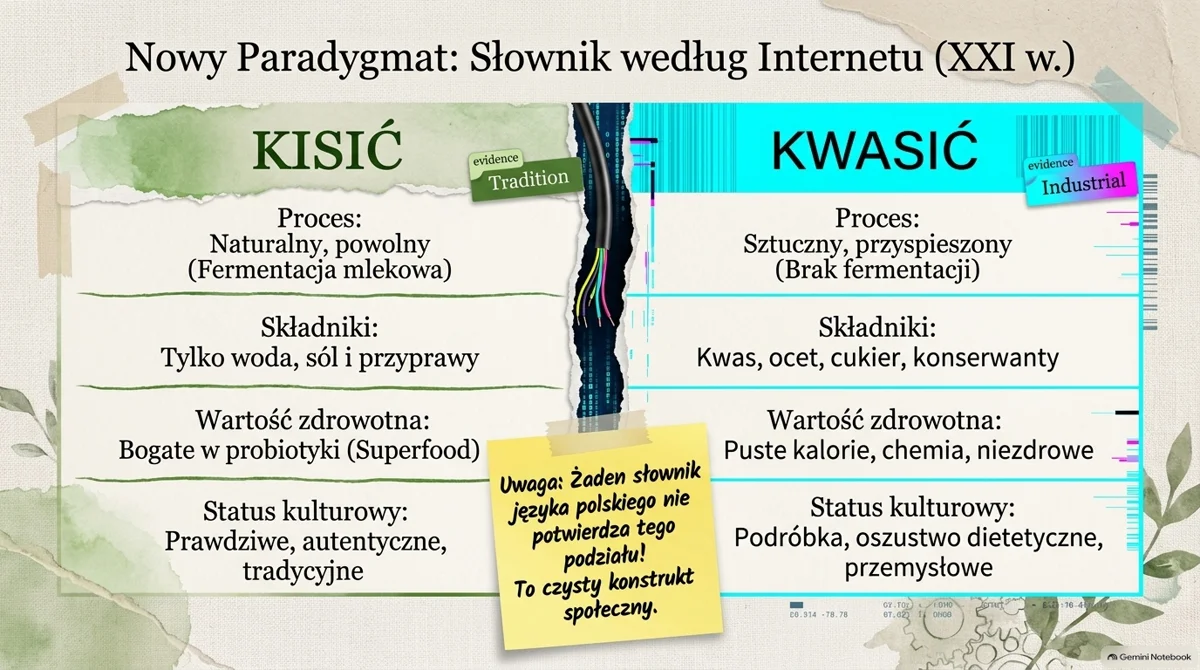 Slajd: Nowy paradygmat, słownik według internetu (XXI wiek). Dwie kolumny z twierdzeniami z sieci: „kisić” (naturalny, powolny proces, tylko woda, sól i przyprawy, prawdziwe i tradycyjne) oraz „kwasić” (sztuczny, przyspieszony proces, kwas, ocet, cukier i konserwanty, podróbka). Żółta karteczka: żaden słownik języka polskiego nie potwierdza tego podziału, to czysty konstrukt społeczny. Grafika wygenerowana przez AI.