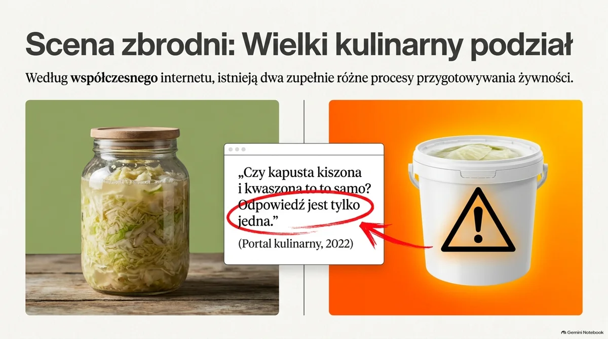 Slajd: Scena zbrodni, wielki kulinarny podział. Po lewej słoik z kiszoną kapustą na drewnianym blacie, po prawej biały plastikowy pojemnik ze znakiem ostrzegawczym. Pomiędzy nimi okienko z cytatem z portalu kulinarnego z 2022 roku: „Czy kapusta kiszona i kwaszona to to samo? Odpowiedź jest tylko jedna”. Grafika wygenerowana przez AI.