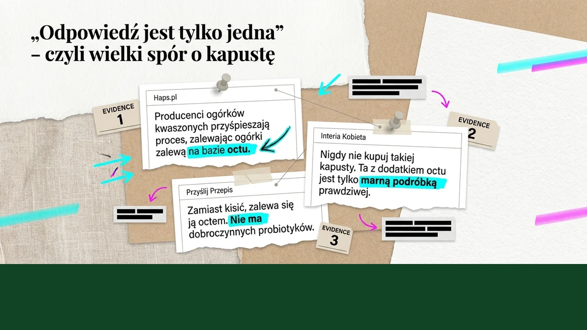 Slajd: „Odpowiedź jest tylko jedna”, czyli wielki spór o kapustę. Trzy wycinki z portali przypięte do tablicy. Haps.pl: producenci ogórków kwaszonych przyspieszają proces, zalewając ogórki zalewą na bazie octu. Interia Kobieta: ta z dodatkiem octu jest tylko marną podróbką prawdziwej. Przyślij Przepis: zamiast kisić, zalewa się ją octem, nie ma dobroczynnych probiotyków. Grafika wygenerowana przez AI.