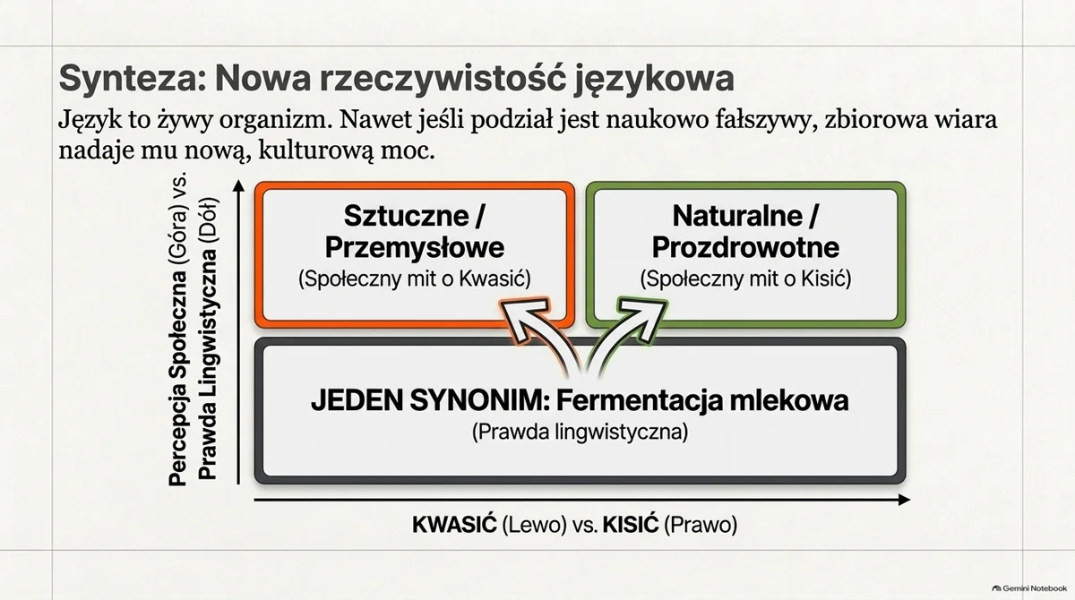 Slajd: Synteza, nowa rzeczywistość językowa. Diagram: na dole podstawa „jeden synonim: fermentacja mlekowa” (prawda lingwistyczna), nad nią dwa pola ze strzałkami: „sztuczne, przemysłowe” (społeczny mit o kwasić) i „naturalne” (społeczny mit o kisić). Oś pozioma: kwasić po lewej, kisić po prawej. Grafika wygenerowana przez AI.