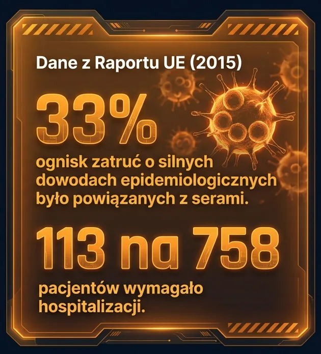 Ilustracja z danymi: 33% ognisk zatruć o silnych dowodach epidemiologicznych powiązano z serami (UE, 2015). 113 na 758 pacjentów wymagało hospitalizacji. Grafika wygenerowana przez AI.