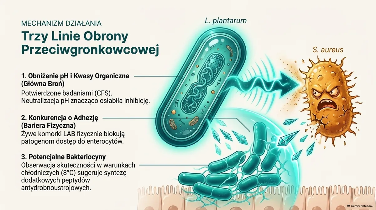 Slajd: Mechanizm działania, trzy linie obrony przeciwgronkowcowej. 1. Obniżenie pH i kwasy organiczne (główna broń): potwierdzone badaniami, neutralizacja pH znacząco osłabiała hamowanie. 2. Konkurencja o adhezję: żywe komórki bakterii kwasu mlekowego fizycznie blokują patogenom dostęp do komórek jelita. 3. Potencjalne bakteriocyny: skuteczność w warunkach chłodniczych (8 °C) sugeruje syntezę dodatkowych peptydów przeciwdrobnoustrojowych. Ilustracja: pałeczka L. plantarum i rozzłoszczony gronkowiec. Grafika wygenerowana przez AI.