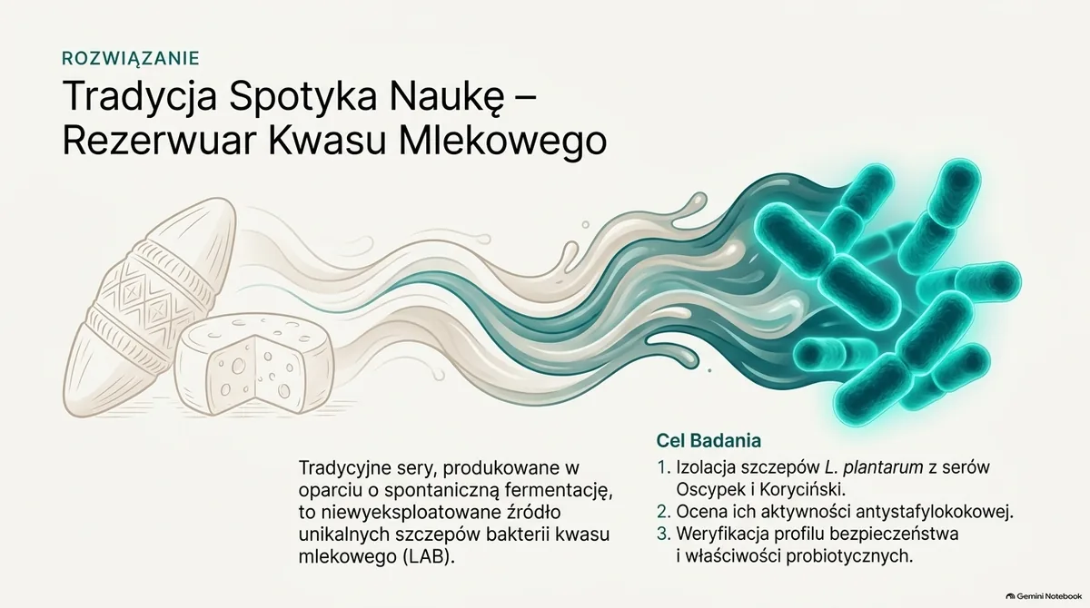 Slajd: Rozwiązanie. Tradycja spotyka naukę, rezerwuar kwasu mlekowego. Tradycyjne sery produkowane w oparciu o spontaniczną fermentację to niewyeksploatowane źródło unikalnych szczepów bakterii kwasu mlekowego. Cel badania: 1. Izolacja szczepów L. plantarum z serów oscypek i koryciński. 2. Ocena ich aktywności antystafylokokowej. 3. Weryfikacja profilu bezpieczeństwa i właściwości probiotycznych. Ilustracja: oscypki, krążek sera i świecące pałeczki bakterii. Grafika wygenerowana przez AI.
