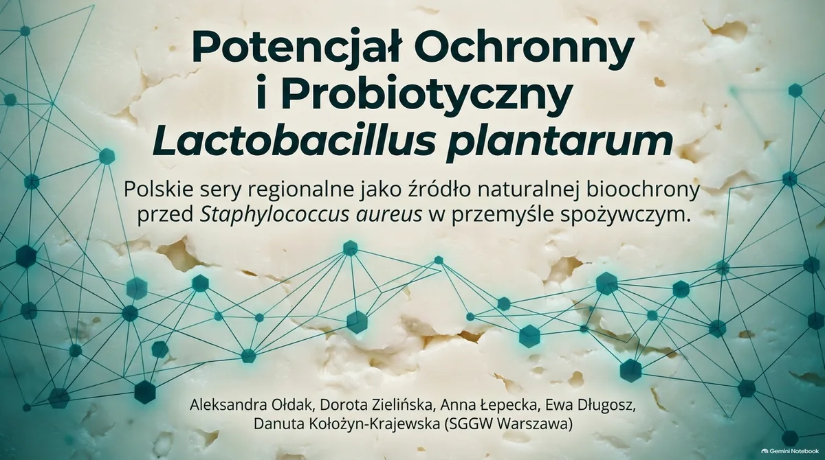 Slajd tytułowy: Potencjał ochronny i probiotyczny Lactobacillus plantarum. Polskie sery regionalne jako źródło naturalnej bioochrony przed Staphylococcus aureus w przemyśle spożywczym. Autorzy badania: Aleksandra Ołdak, Dorota Zielińska, Anna Lepecka, Ewa Długosz, Danuta Kołożyn-Krajewska z SGGW w Warszawie. Tło: sieć cząsteczek na tle sera. Grafika wygenerowana przez AI.