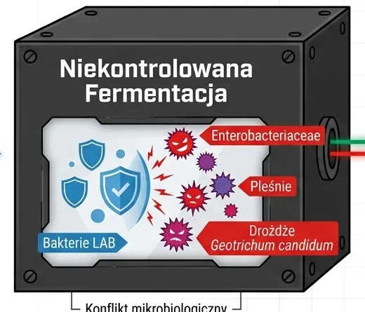 Ilustracja: czarna skrzynka z napisem Niekontrolowana fermentacja, w której walczą bakterie kwasu mlekowego z bakteriami Enterobacteriaceae, pleśniami i drożdżami Geotrichum candidum. Grafika wygenerowana przez AI.