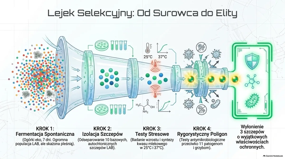 Slajd: Lejek selekcyjny, od surowca do elity. Cztery kroki. Krok 1: fermentacja spontaniczna ogórków ekologicznych przez 7 dni, duża populacja bakterii kwasu mlekowego, ale skażona pleśnią. Krok 2: izolacja szczepów, wyodrębnienie 10 bazowych autochtonicznych szczepów bakterii kwasu mlekowego. Krok 3: testy stresowe, badanie wzrostu i syntezy kwasu mlekowego w 25 i 37 stopniach. Krok 4: rygorystyczny poligon, testy działania przeciw 11 szczepom bakterii wskaźnikowych i grzybom. Na końcu: wyłonienie 3 szczepów o wyjątkowych właściwościach ochronnych. Grafika wygenerowana przez AI.