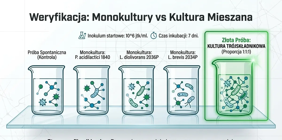 Slajd: Weryfikacja, monokultury i kultura mieszana. Inokulum startowe 10 do potęgi 6 jtk na ml, czas inkubacji 7 dni. Pięć zlewek: próba spontaniczna (kontrola), monokultura P. acidilactici 1840, monokultura L. diolivorans 2036P, monokultura L. brevis 2034P i podświetlona kultura trójskładnikowa w proporcji 1 do 1 do 1. Grafika wygenerowana przez AI.