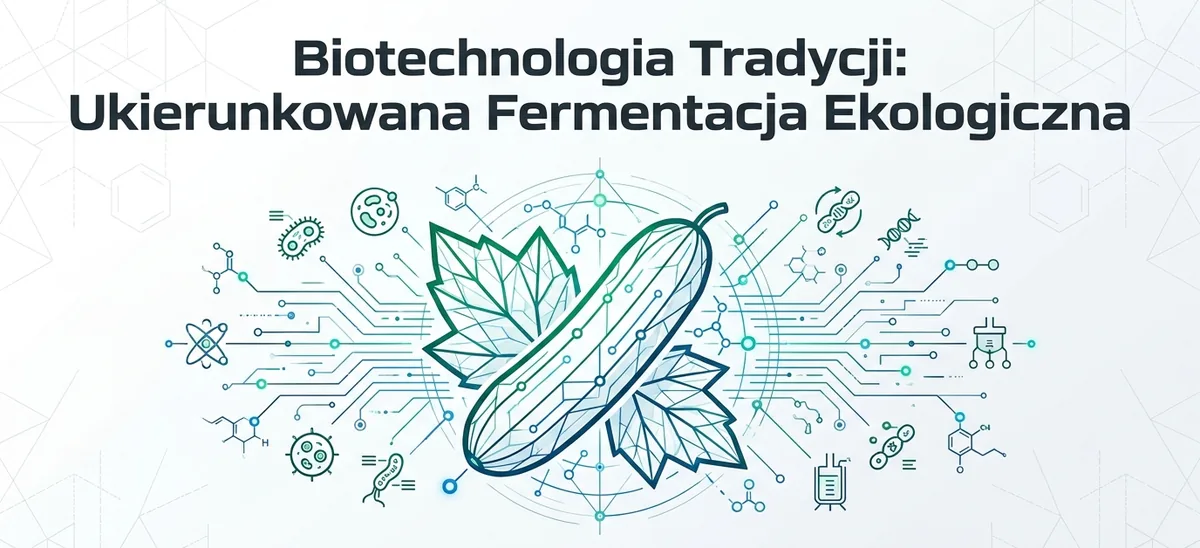 Slajd tytułowy: Biotechnologia tradycji, ukierunkowana fermentacja ekologiczna. Ilustracja: ogórek z liściem na tle układu scalonego i cząsteczek. Grafika wygenerowana przez AI.